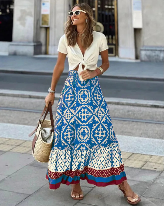 🌟 Women's Large Swing Skirt European And American Foreign Trade Printed Loose Splicing Half Skirt Blue