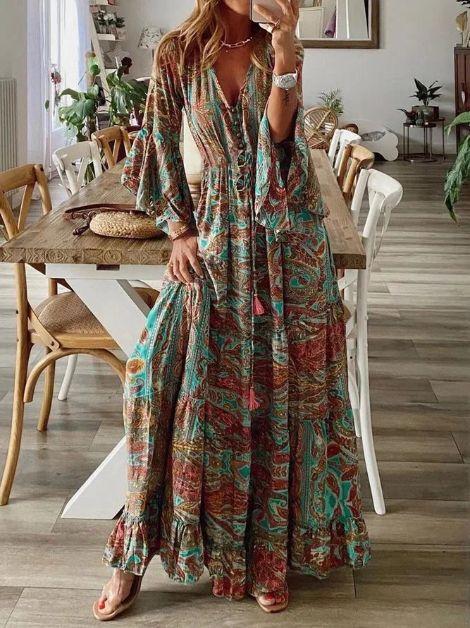 Bohemian Floral Dress – Retro Printed V-neck, High Waist, Bell Sleeve Design for Spring & Autumn