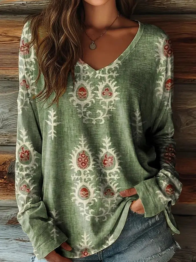 👕 Vintage Women’s T-Shirt – Floral Graphic Plants Design, Elegant Fashion Tee with Long Sleeves, V-Neck, Regular Fit Pullover for Fall and Winter AFZHH2025241CV