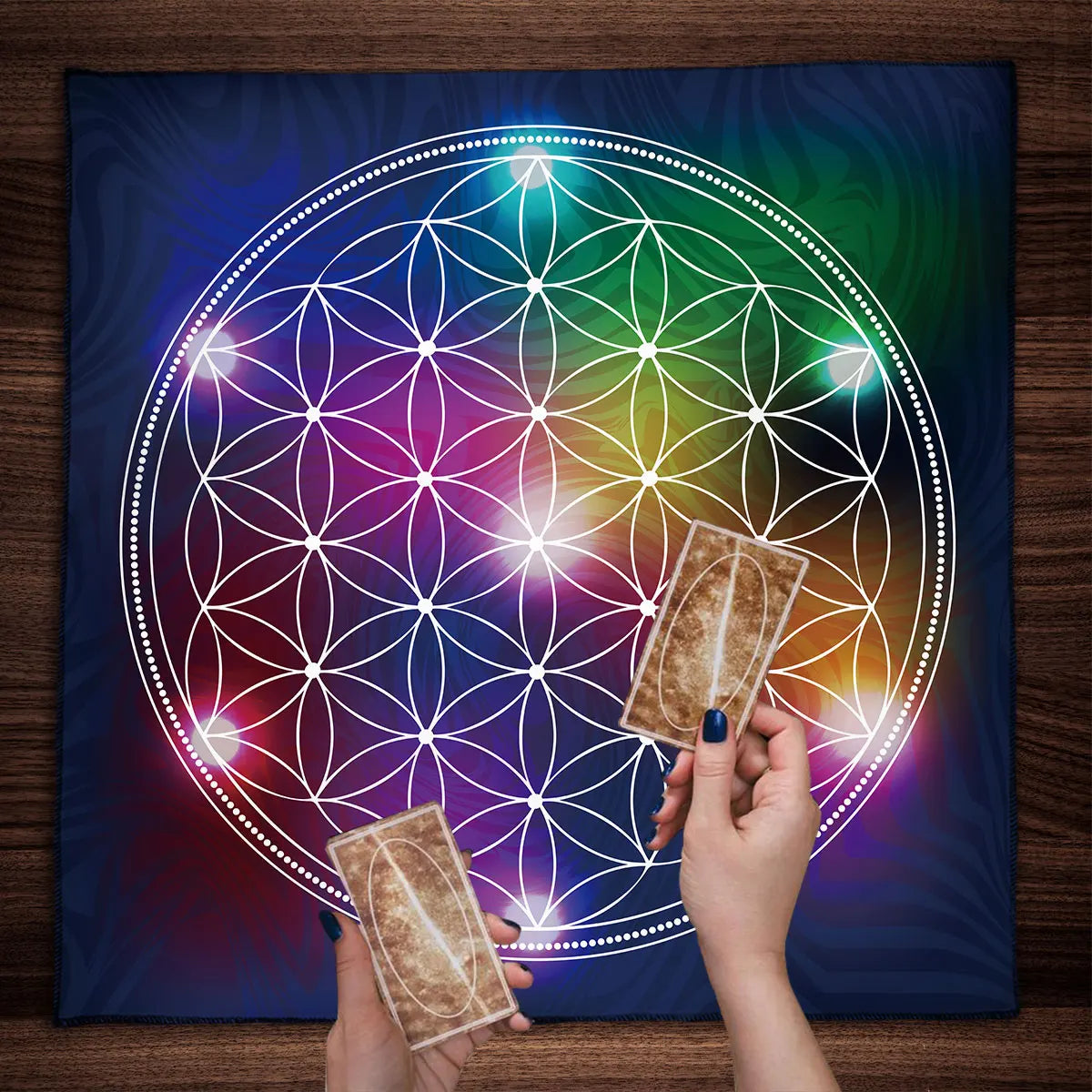 🃏 Colorful Flower of Life Tarot Tablecloth – Mandala Celestial Energy Altar Cloth for Astral Divination, Tarot Mat & Mystical Home Decor TLB (355)