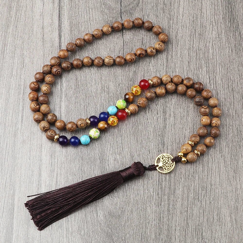 🌳 7 Chakra Wooden Japamala Necklace: Vintage Tree of Life 108 Bead Mala – Meditation, Yoga & Prayer Rosary with Healing Tassel 8mm Life Tree