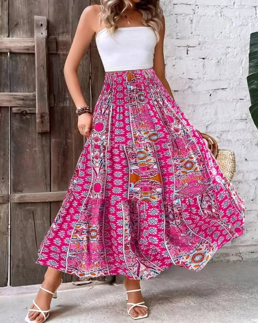 👗 Fashion Boho Printed Long Skirt – Casual Retro Vacation Style with Elastic Waist and A-line Big Hem for Women, Spring Summer New