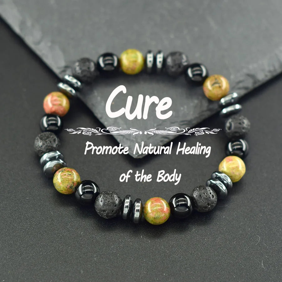 ✨ Natural Sparrow Stone and Black Volcanic Onyx Beads Bracelet – Classic Unisex Jewelry for Capillary Function and Immunity Enhancement 15 Unakite 8 mm Beads