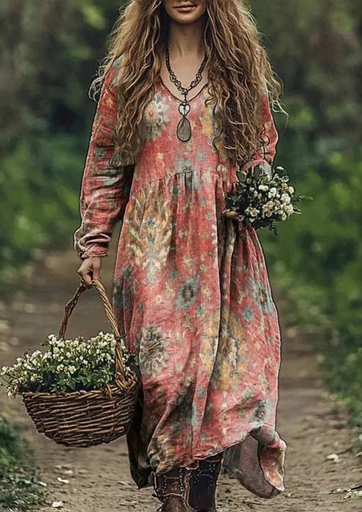 🛍️ Casual Women’s Vintage Printed Dress – V-Neck, Long Sleeves, Loose Large Swing Dress for Spring & Autumn 14
