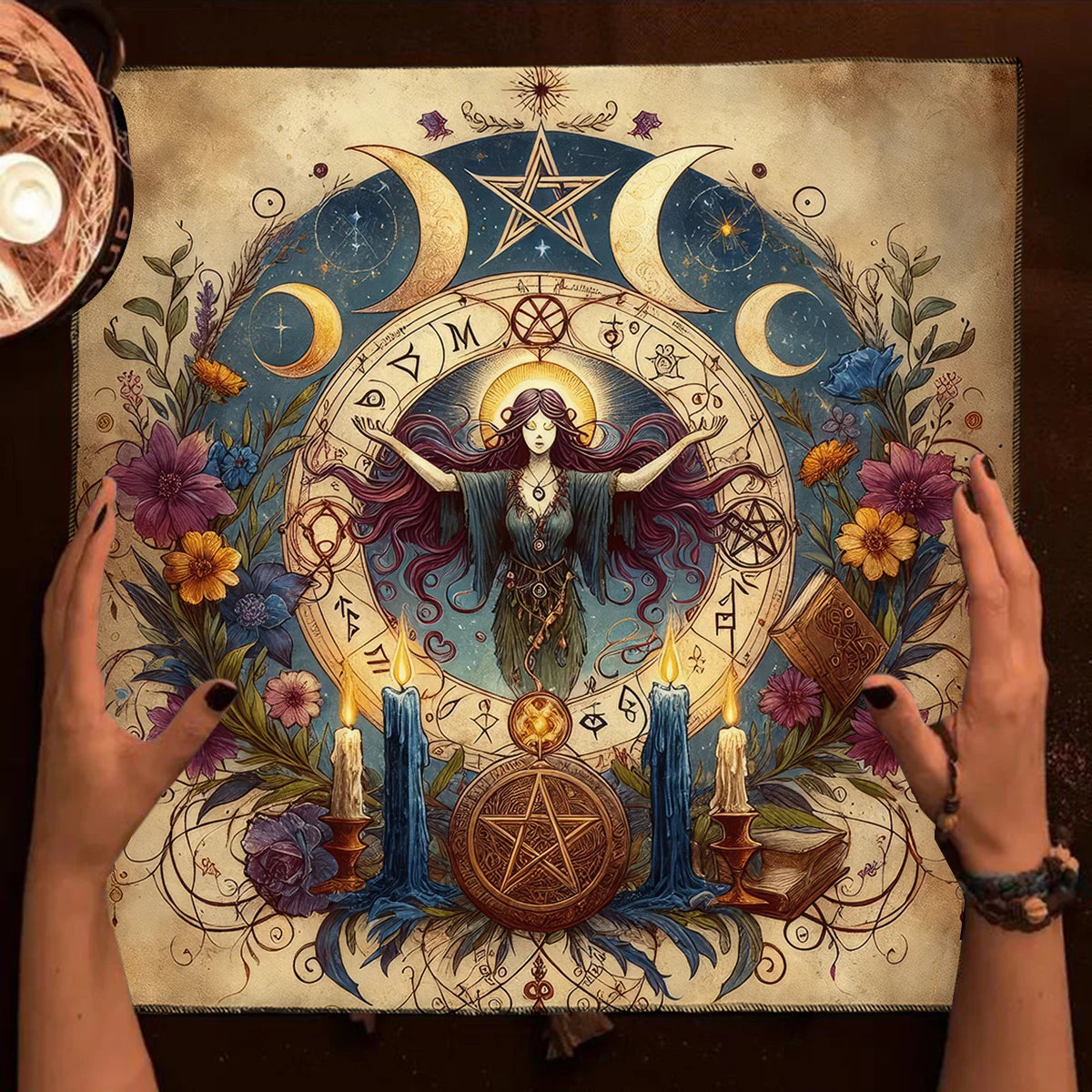 🌙 Retro Witch Altar Cloth – Tarot Tablecloth with Moon, Stars & Candles Design | Witchcraft Altar Decor with Flowers and Plants Motif