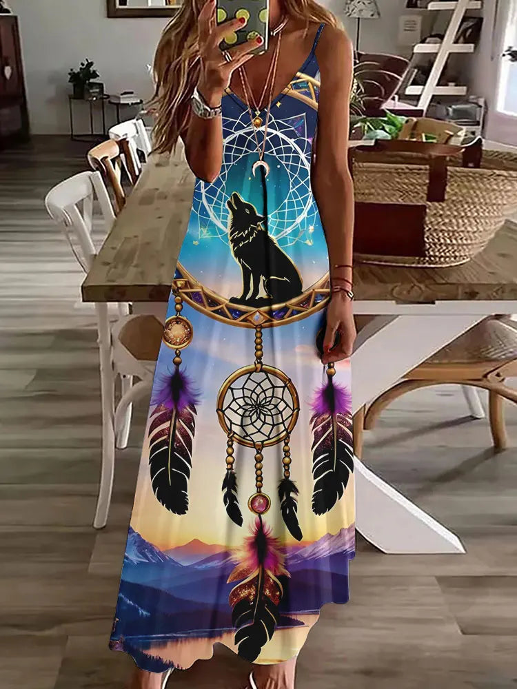 2024 New 3D Owl Vintage Print Dress for Women – Sleeveless Long Tribal Pattern Spaghetti Strap Summer Vest Dress BDQLTH24874558
