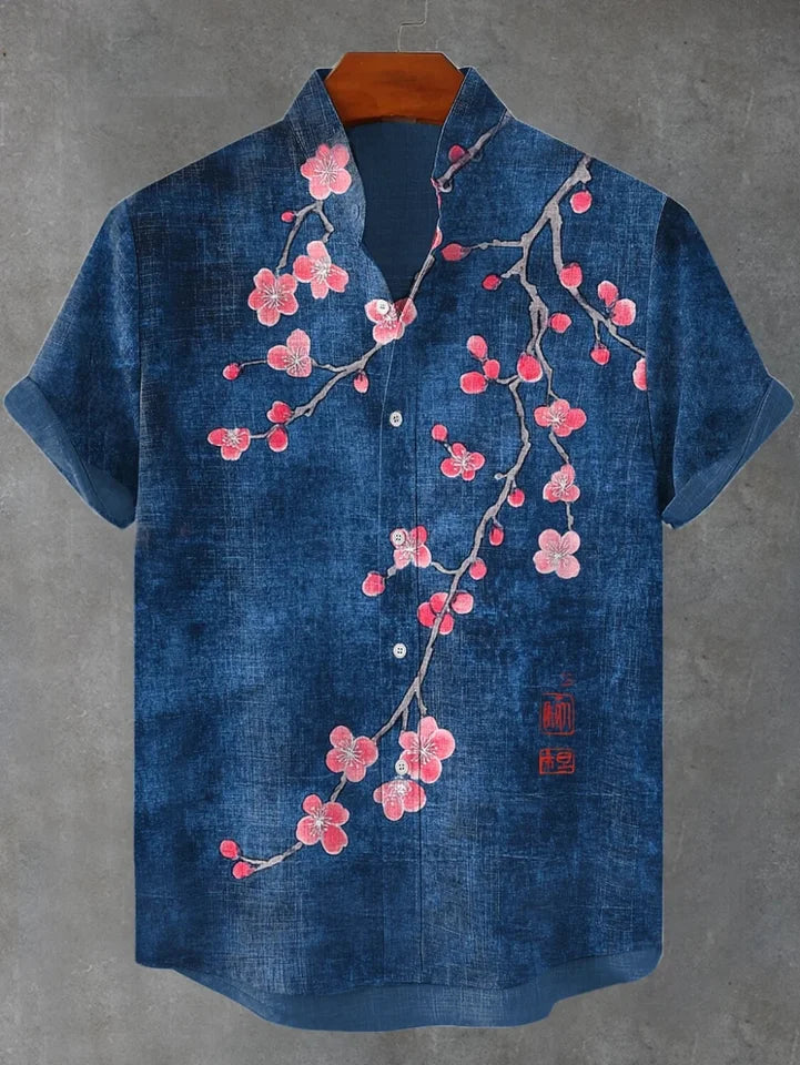 🌸 The Plum Blossom Heritage: Premium Men’s Summer Linen Shirt – High-Definition Oriental Floral Graphic, Modern Mandarin Standing Collar, and Sophisticated Urban-Street Short-Sleeve Button-Down