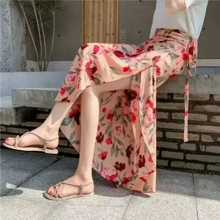 Summer Floral Maxi Skirt for Women – High Waist Wrap Design with Side Slit & Tie Detail in Long Boho Style