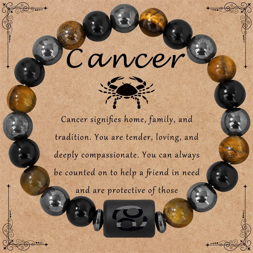 ✨ 12 Constellation Zodiac Sign Bracelet – Tiger Eye, Hematite & Obsidian Triple Protection Stone Beaded Bangle – Empowering Energy Jewelry Gift Cancer