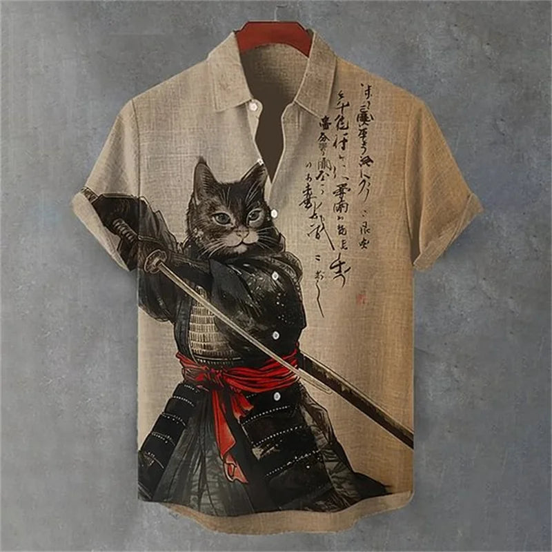 ✨ Emerald Noir Retro-Linen Cat Shirt: Men’s Artistic Dark Green Short Sleeve Top with Vintage Black Cat Graphic & Breathable Heritage Fabric (2026 Edition) JU799