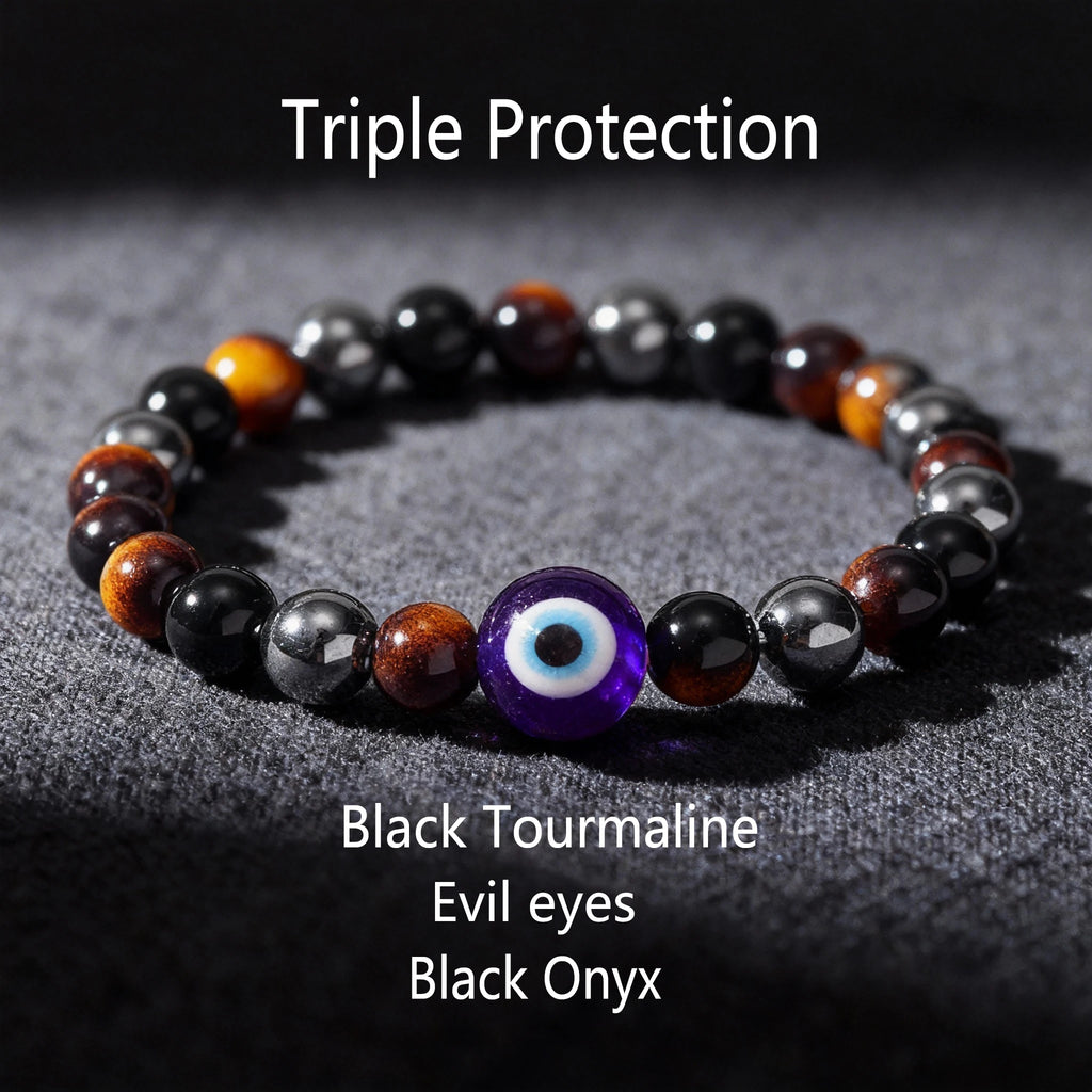 ✨ Neo-Gothic Fall Jewelry – Black Tiger’s Eye, Hematite & Onyx Evil Eye Bracelets – Unique Natural Stone Family Gifts for Christmas