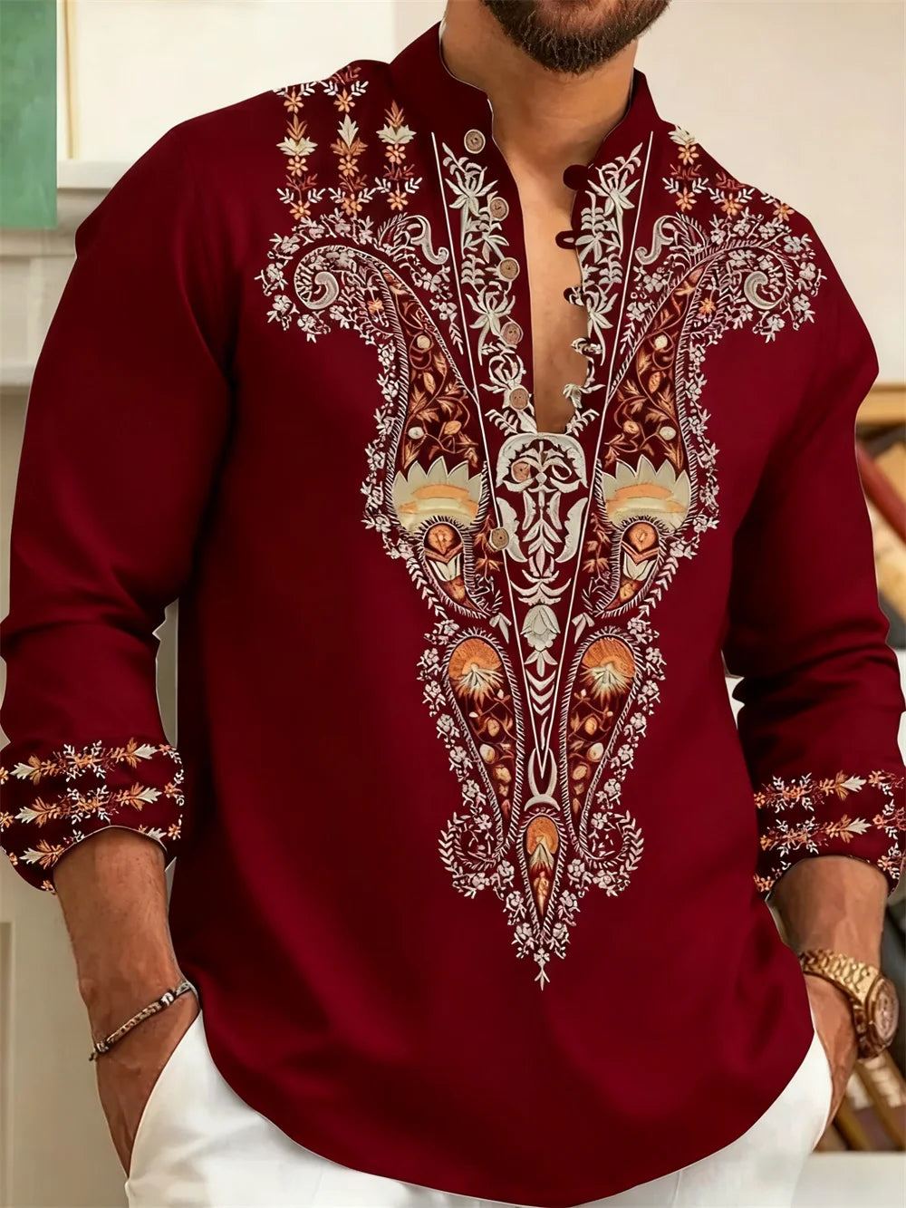 🎨 The Ethnic Floral Artisan: Premium Men’s Modern Long-Sleeve Shirt – High-Definition Tribal Botanical Graphic Print, Sophisticated Modern-Fit Tailoring, and Breathable All-Season Casual Button-Down ZW7808