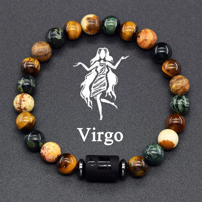 ✨ 12 Zodiac Constellation Signs Bracelet – Tiger Eye & Sparrow Picture Stone Beads – Virgo Charm Couple Jewelry for Men & Women 12 Virgo 8 mm Beads