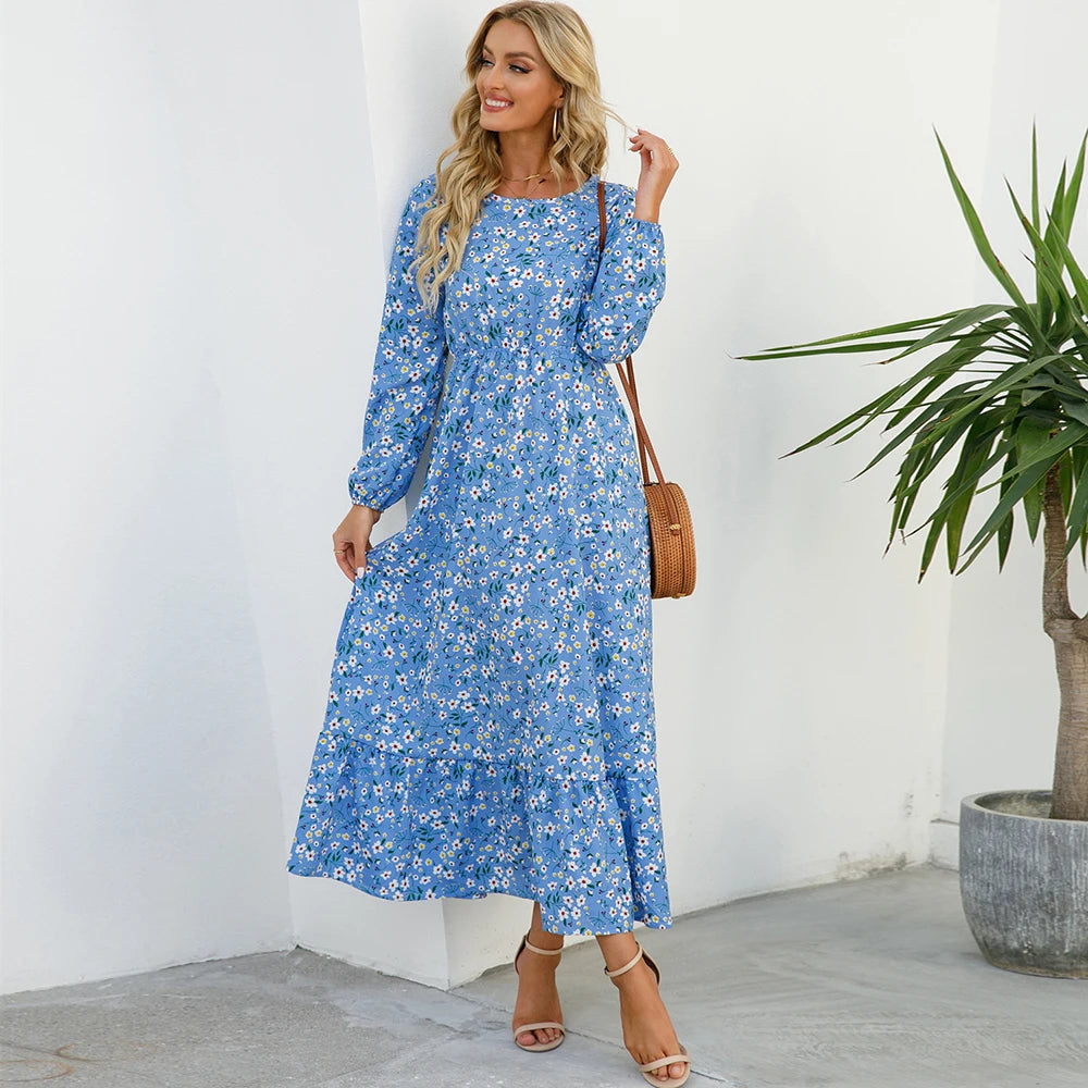 👗 Women’s Bohemian Maxi Dress – Spring Autumn Casual Chiffon Dress with Full Sleeves, High Waist, and Floral Print