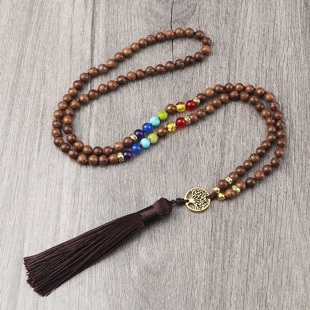🌳 7 Chakra Wooden Japamala Necklace: Vintage Tree of Life 108 Bead Mala – Meditation, Yoga & Prayer Rosary with Healing Tassel 6mm Life Tree