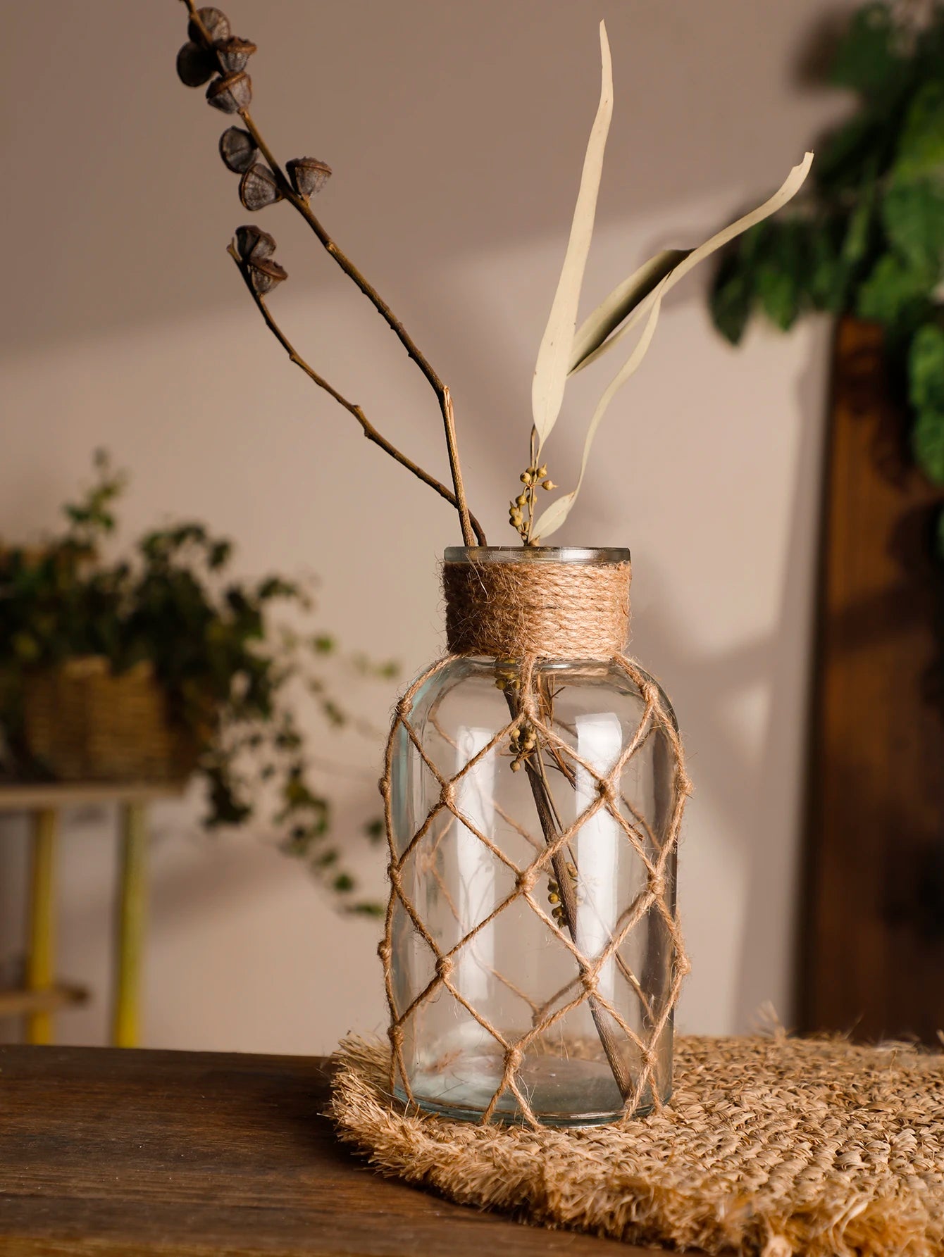 🌿Rustic Hanging Glass Vase with Hemp Rope Net – Handmade Transparent Glass Holder for Dried Flowers and Boho Home Décor