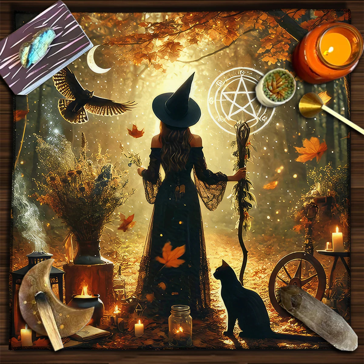 🃏 Witch Autumn Black Cat Tarot Tablecloth – Pentagram Altar Cloth for Divination, Halloween & Witchy Celebration Decor TLB (902)