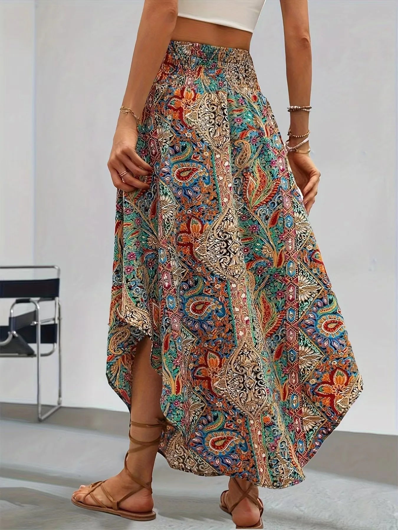 🌸 Bohemian Boho Vintage Floral Print Skirts – Women’s Summer High Waist A-Line Pleated Elastic Waist Long Skirts, Casual Holiday Beachwear
