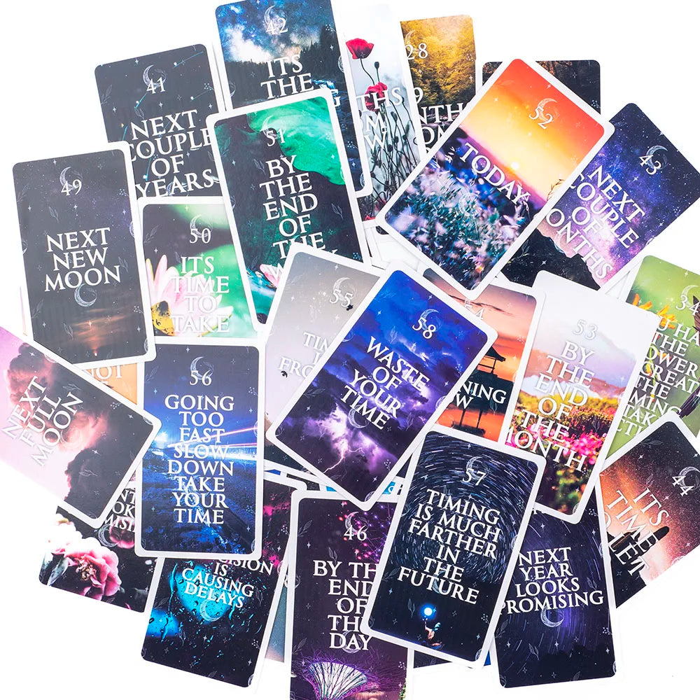 Mystical Timing Oracle – 60-Card Twin Flame and Cosmic Tarot Deck (10.3x6 cm) for Time Frame Divination and Family Board Games