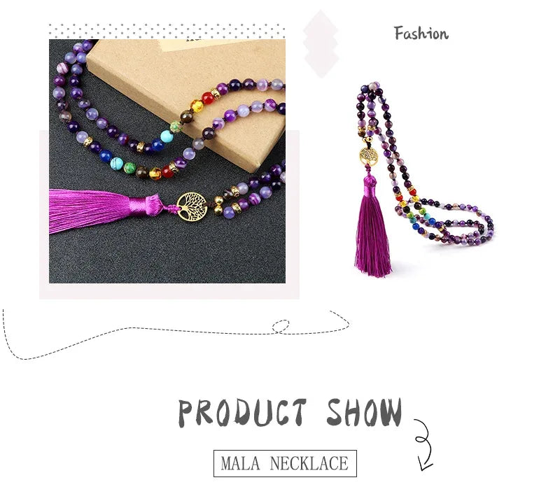 💜 Natural Purple Agate 108 Mala Necklace: Hand-Knotted Reiki Healing Stone – 7 Chakra Meditation Japamala & Boho Tassel Jewelry for Women