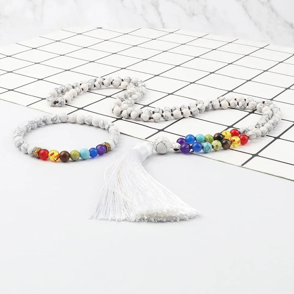 📿 108 Bead Howlite Japamala & 7 Chakra Bracelet Set: 6mm Hand-Knotted Mala Necklace – Calming Stone for Yoga Meditation & Anxiety Relief