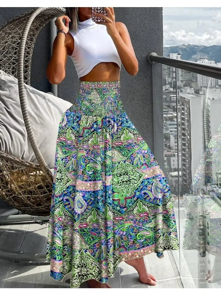 🌟 Women Fashion Floral Print Folds Bohemian Elastic High Waist Skirt Ladies Knee-Length Long Skirts green