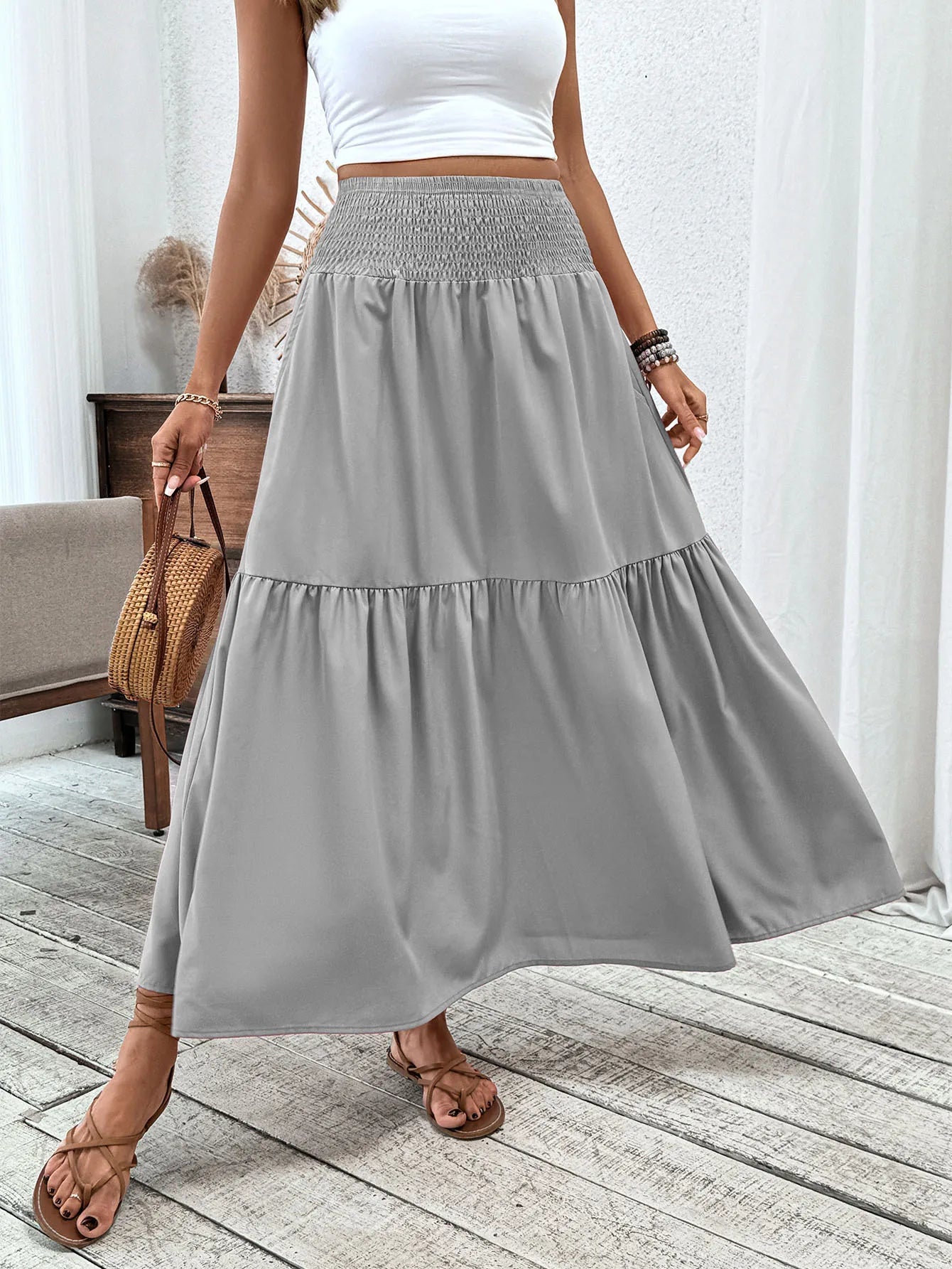 🌟 Women New Classic Printed Skirt Retro High Waist Long Skirt Casual Stylish Loose Beach Skirt Elegant Ladies Floral Pleated Skirt﻿