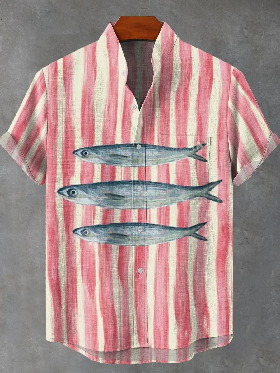 🐟 The Retro-Angler Mandarin Edition: Premium Men’s Stand-Up Collar Linen Shirt – High-Definition 3D Fish Pattern, Breathable Organic Cotton-Linen Blend, and Sophisticated Vintage Casual Silhouette ZD3511