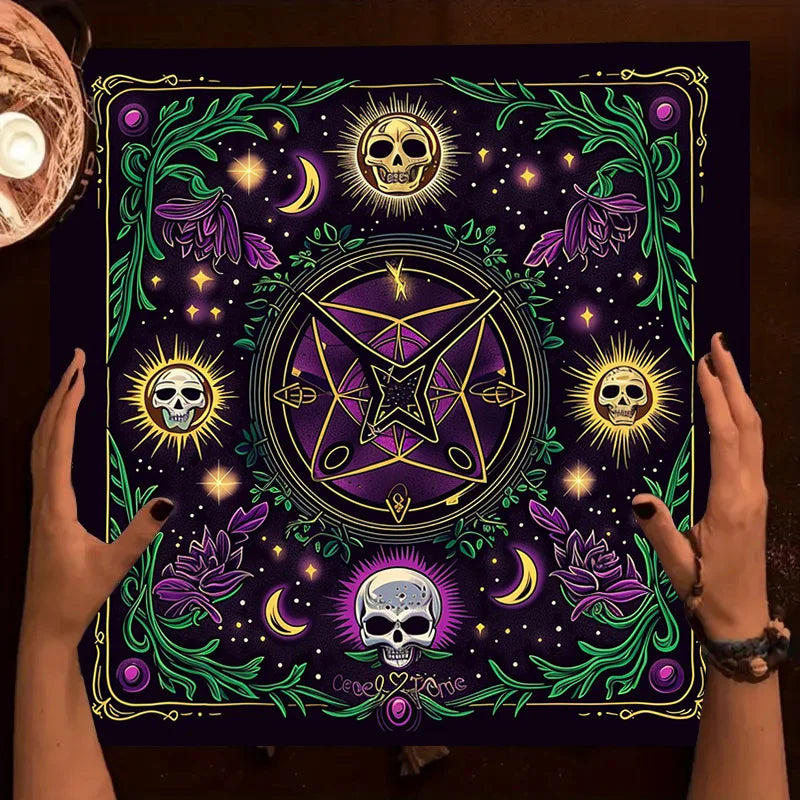 🃏 Purple Skull Array Tarot Tablecloth – Gothic Witchcraft Divination Altar Cloth for Tarot Readings, Occult Events & Dark Party Decor