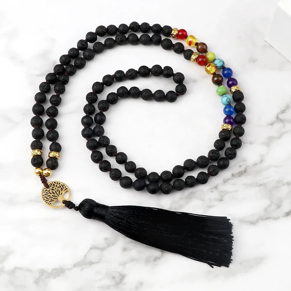 🐯 Tiger Eye & Black Onyx 108 Mala Necklace with Tree of Life Pendant – 7 Chakra Healing Crystal Beads & Protection Rosary Jewelry for Men & Women Black Lava