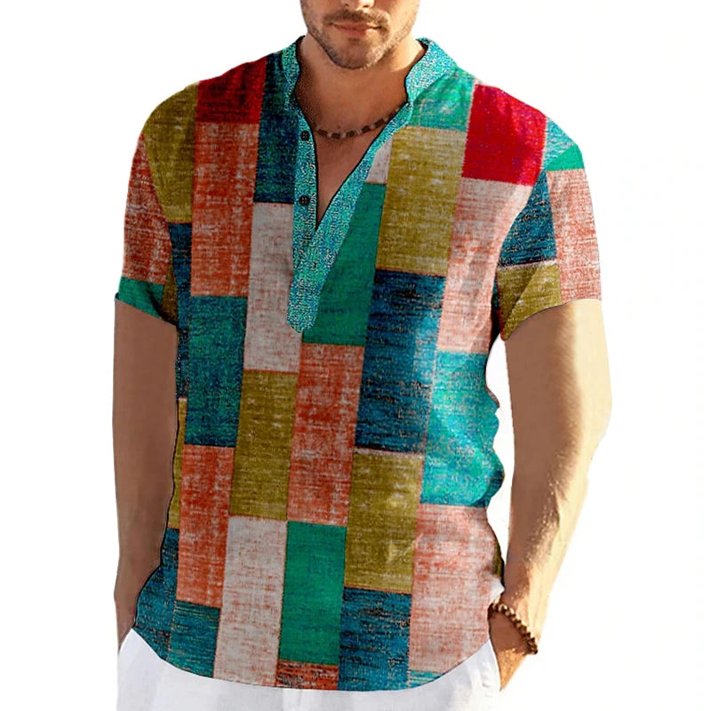 🎨 The Neo-Vintage 3D Patchwork Henley: Premium Men's Color-Block Fashion Tee – High-Definition Digital Print, Breathable Short-Sleeve 3-Button Henley, and Sophisticated Slim-Relaxed Fit B73SF3M202418141