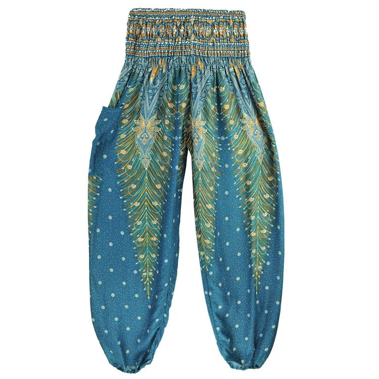 🧘‍♀️ Women’s Yoga Boho Pants – Floral Print Harem Leggings with Pocket, High Waist, Elastic Waistband, and Ankle Straps