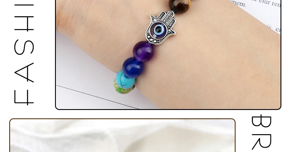 🧿 7 Chakra Protection Bracelet for Men: Natural Tiger Eye & Lava Stone with Evil Eye & Hamsa Hand – Anxiety Relief, Luck & Energy Healing Bangle