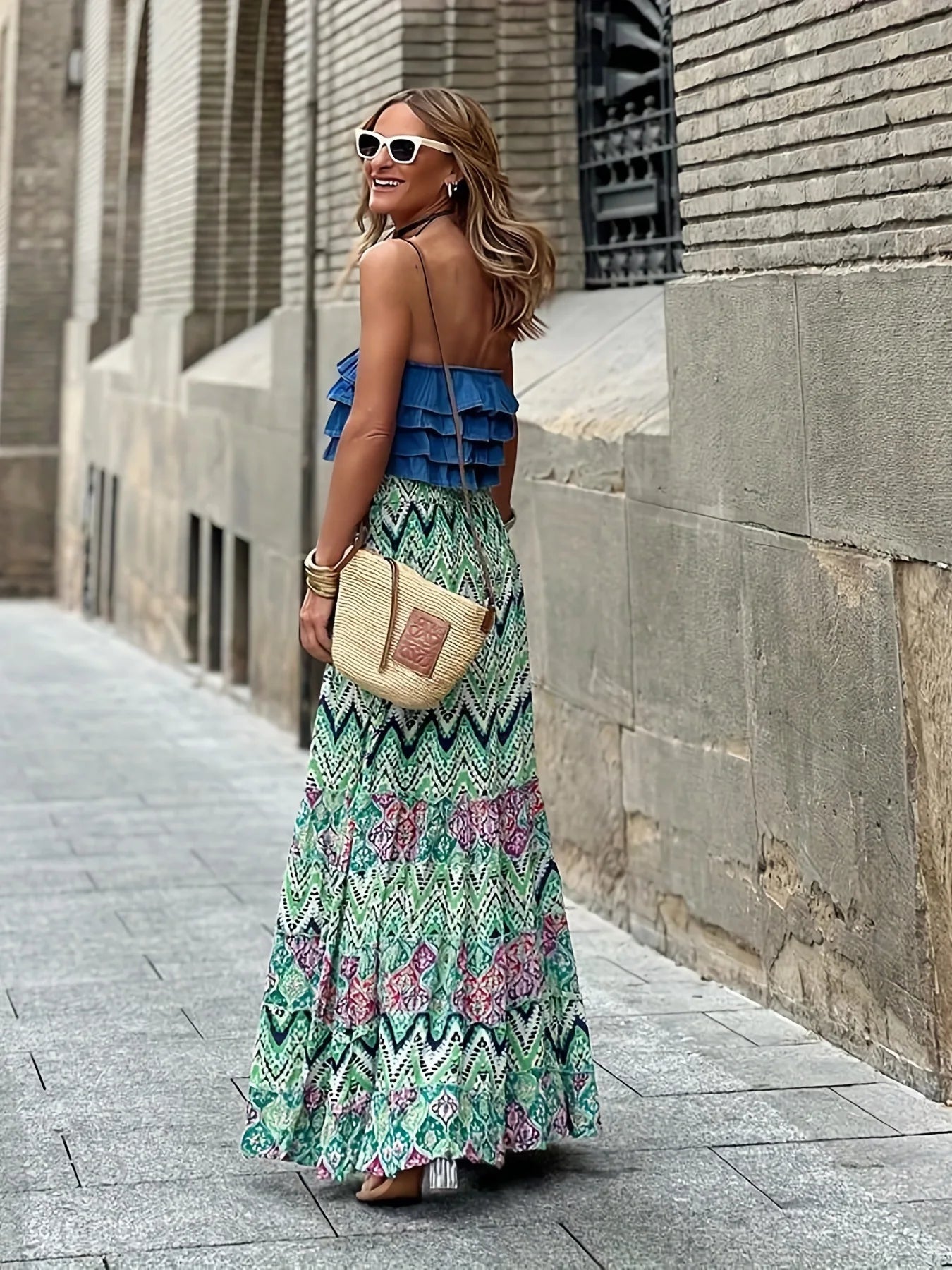 🌟 Elegant Women Green Print Elastic Waist Skirt Spring Summer Femme Patchwork Slim Skirt Streetwear Casual Ankle-Length Long Skirt﻿