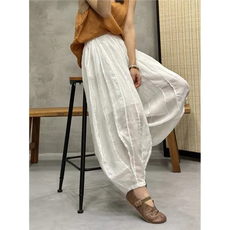 👖 Women’s Summer Autumn Cotton and Linen Bloomers Pants – Loose Fit, Vintage Floral Printed Bohemian Straight Trousers for Comfortable Fashion