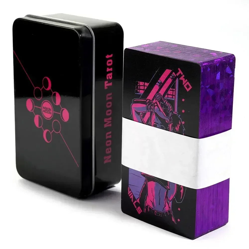 🌑 Neon Moon Tarot Deck – 78 Cards | Compact 10.3 x 6 cm | Includes Guidebook & Tin Box | Fusion of The Light Seers & Adventure Time Tarot | Family & Party Divination Game