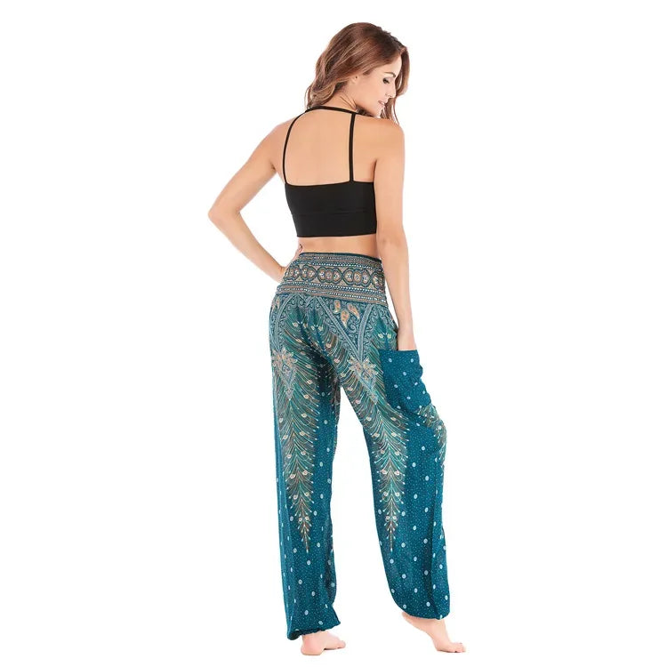 Women's Boho Yoga Pants - High Waist Floral Print Harem Leggings with Pockets for Comfort and Style