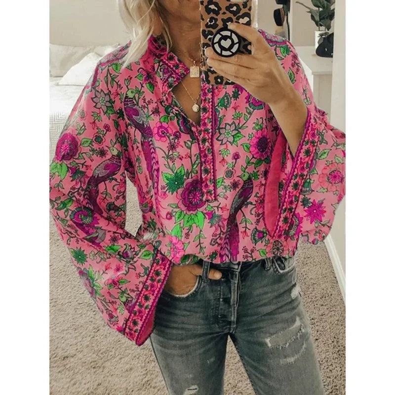 Women's Floral Print Blouse - New Summer Design, Loose Fit, Flared Long Sleeves, Model CKX9070 red