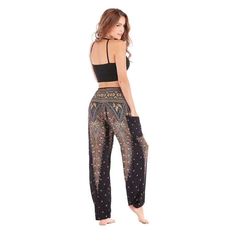 🧘‍♀️ Women’s Yoga Boho Pants – Floral Print Harem Leggings with Pocket, High Waist, Elastic Waistband, and Ankle Straps