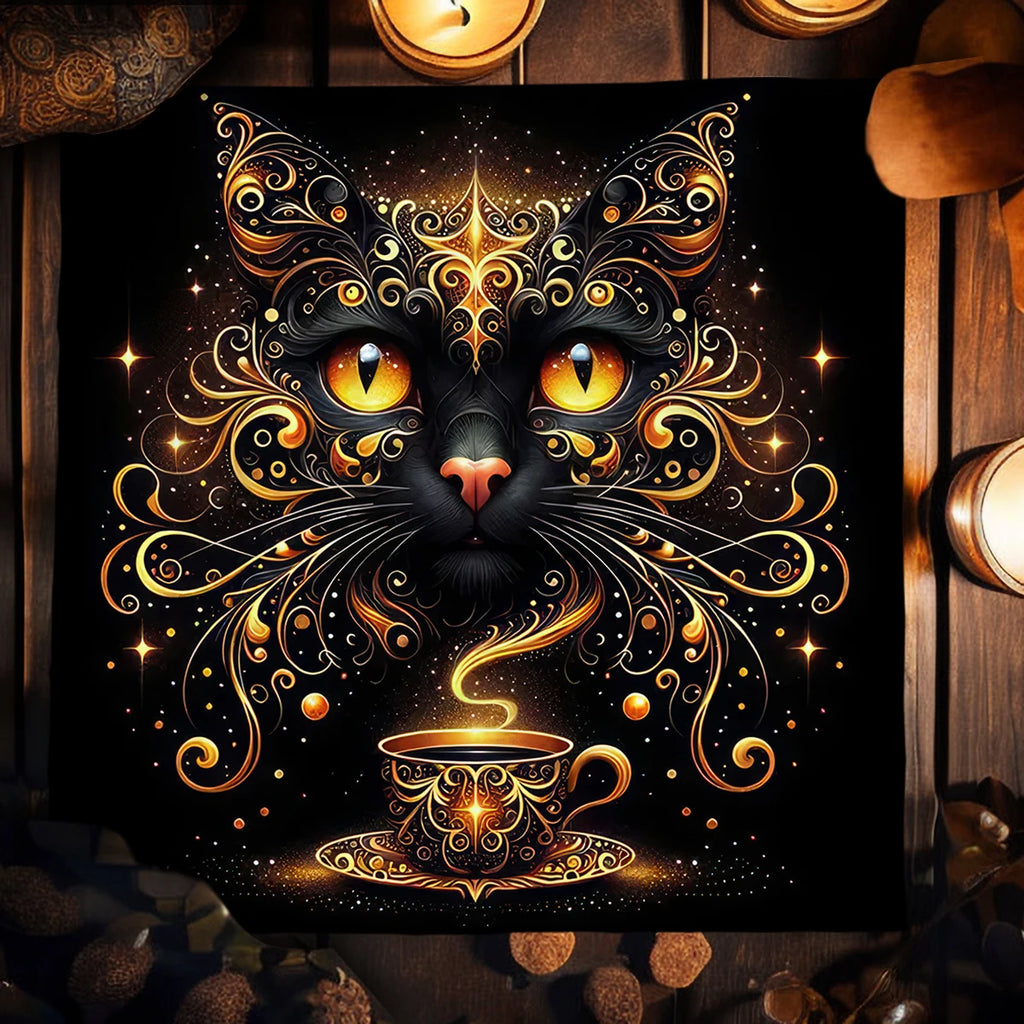 🌟Gold Witchcraft Cat Altar Cloth | Tarot Tablecloth for Spread & Reading | Starry Sky Divination Mat | Altar Decor Pad