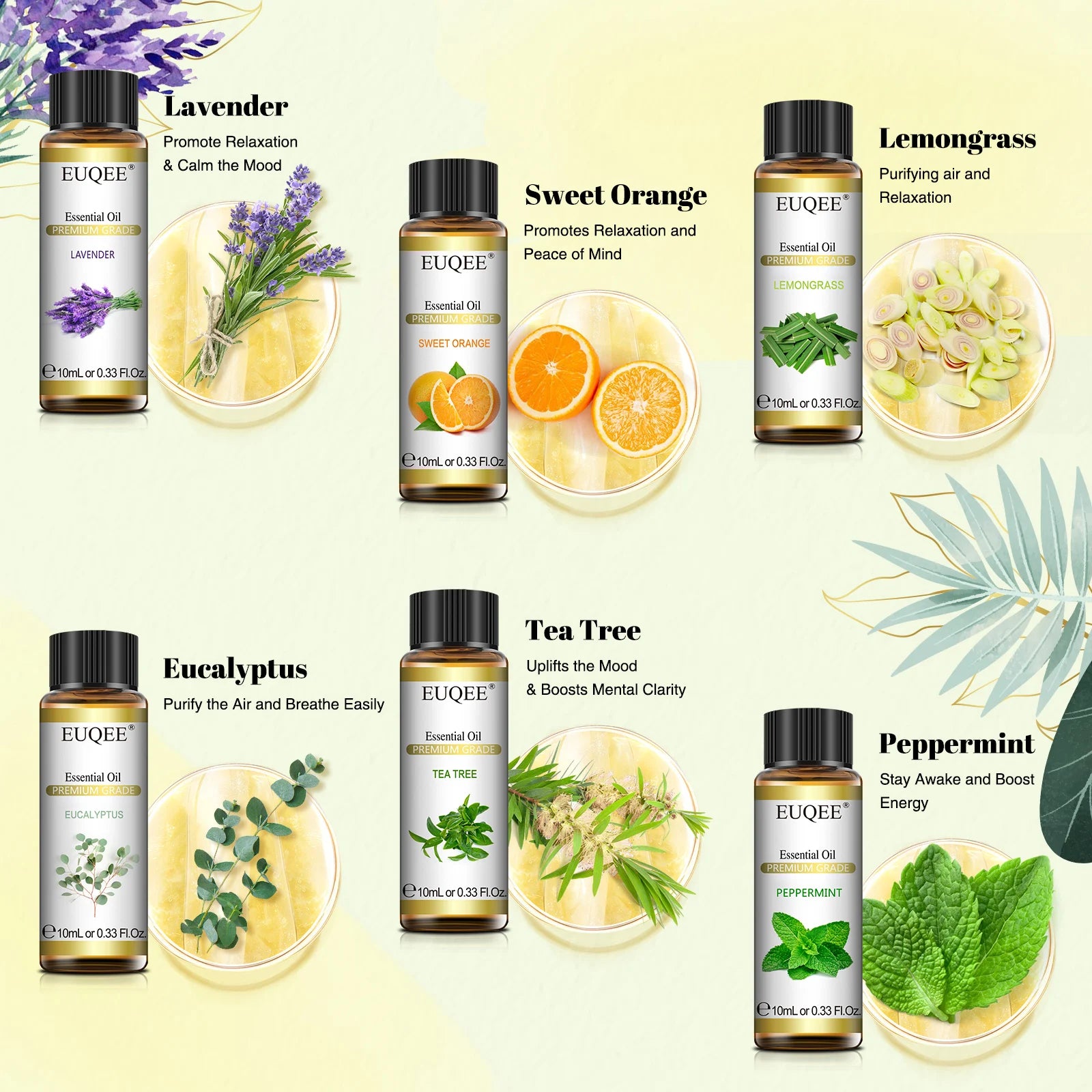 🌿 EUQEE 6-Piece Essential Oils Set – Premium Aromatic Oils for Humidifier and Diffuser, Including Lavender, Eucalyptus, Peppermint, Tea Tree, Sweet Orange, and Lemongrass﻿