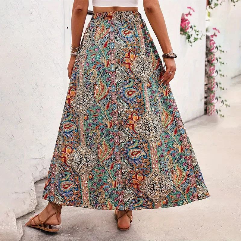 👗Bohemian Boho Retro Floral Print Skirts – Women’s Indie Folk Summer High Waist A-Line Pleated Long Skirts