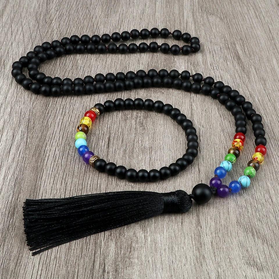 🌑 Black Onyx & 7 Chakra Mala: Shiny/Matte 108 Bead Necklace & Wrap Bracelet – Grounding, Protection & Anxiety Relief Meditation Rosary