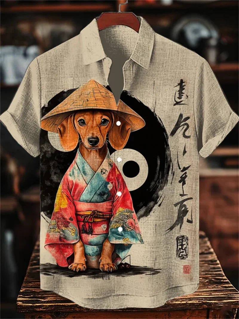 ✨ Emerald Noir Retro-Linen Cat Shirt: Men’s Artistic Dark Green Short Sleeve Top with Vintage Black Cat Graphic & Breathable Heritage Fabric (2026 Edition) JU798