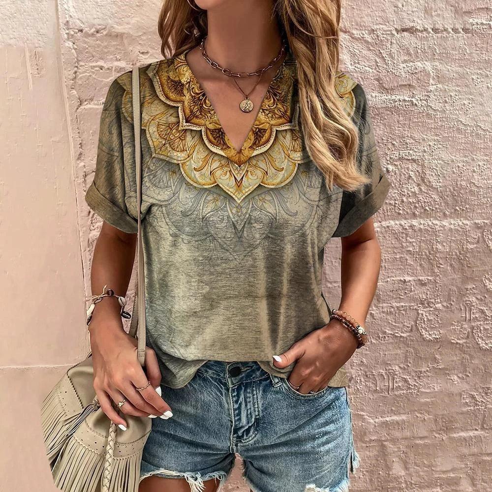 Retro Women’s Floral T-Shirt – Harajuku Style Short Sleeve V-Neck Casual Blouse S56VTX182