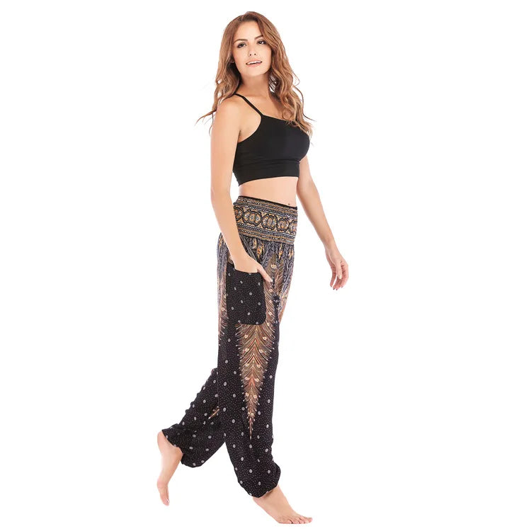 🧘‍♀️ Women’s Yoga Boho Pants – Floral Print Harem Leggings with Pocket, High Waist, Elastic Waistband, and Ankle Straps
