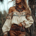 Chic Bohemian Off-Shoulder Blouse with Ethnic Print, Lantern Sleeves, and Single-Breasted Design for Trendy Summer & Autumn Casual Wear