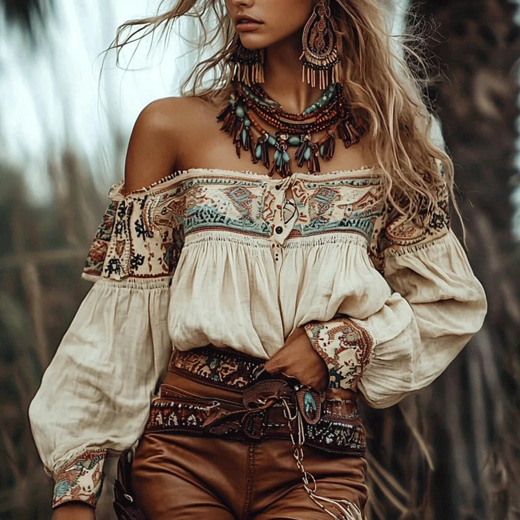 🛍️ Chic Bohemian Off-Shoulder Blouse – Ethnic Style Print with Lantern Sleeves and Single-Breasted Design for Summer & Autumn Casual Wear