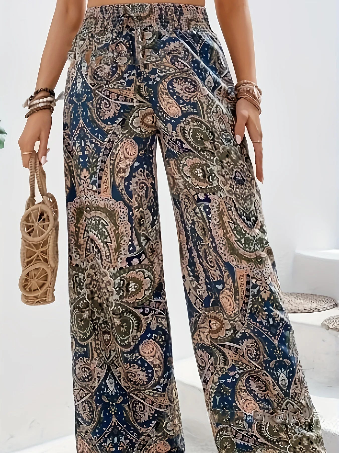 Bohemian High Waist Elastic Waist Printed Wide Leg Long Pants Women‘s Clothes Straight Casual Trousers Summer New Vintage Trend green