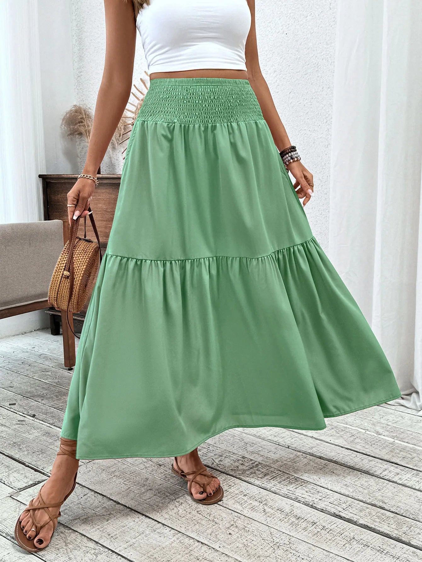 Women Floral Pleated Skirt – Retro High Waist Long Skirt for Stylish Casual Beach Wear Ivory